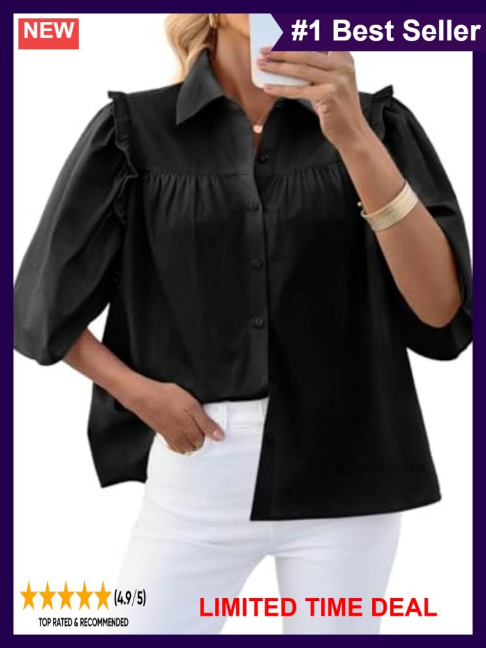 Puff Sleeve Button Down Shirt Ruffle Cotton Blouse